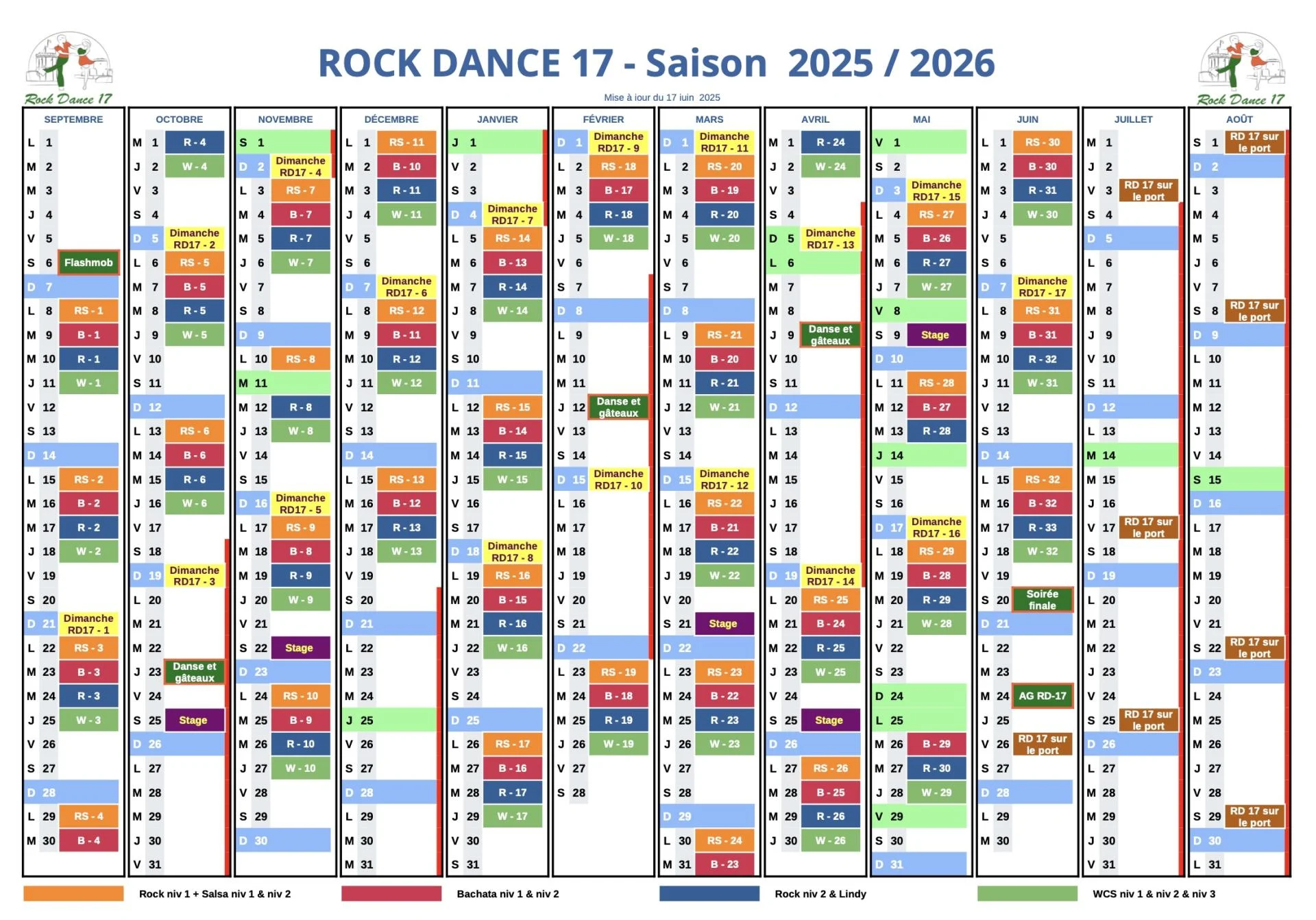 Calendrier rock dance 17 saison 2025 2026
